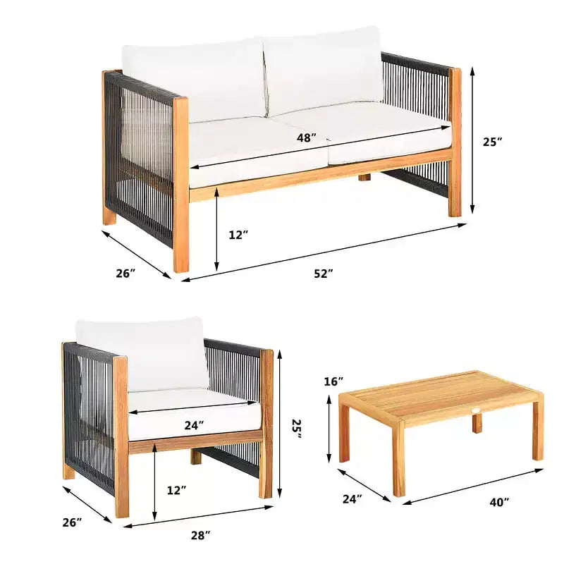 Costway Ensemble de Meubles d'extérieur 4 pièces en Bois avec Coussins Rouge et Blanc/Turquoise