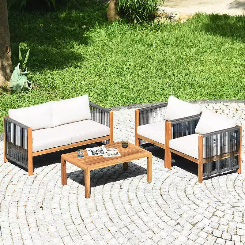 Costway Ensemble de Meubles d'extérieur 4 pièces en Bois avec Coussins Rouge et Blanc/Turquoise