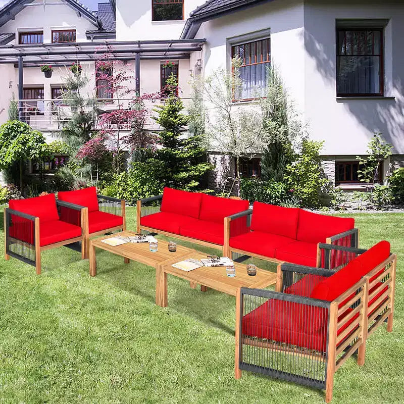 Costway Ensemble de Meubles d'extérieur 4 pièces en Bois avec Coussins Rouge et Blanc/Turquoise