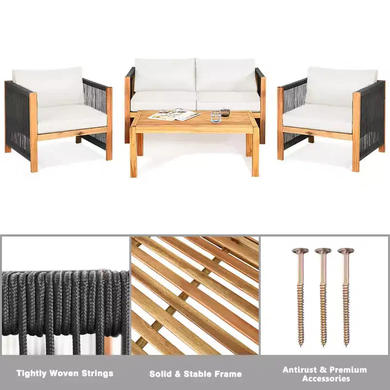 Costway Ensemble de Meubles d'extérieur 4 pièces en Bois avec Coussins Rouge et Blanc/Turquoise