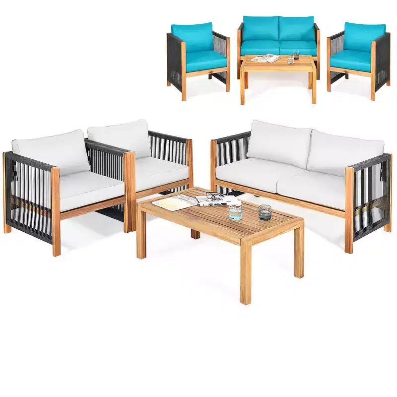 Costway Ensemble de Meubles d'extérieur 4 pièces en Bois avec Coussins Rouge et Blanc/Turquoise