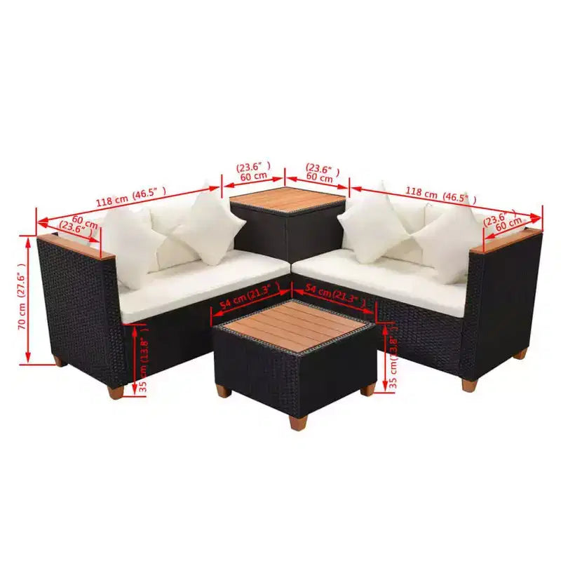vidaXL Salon de jardin 4 pièces - Meubles de terrasse en résine tressée avec coussins et boîte de rangement, parfaits pour le jardin/la terrasse, noir et blanc crème