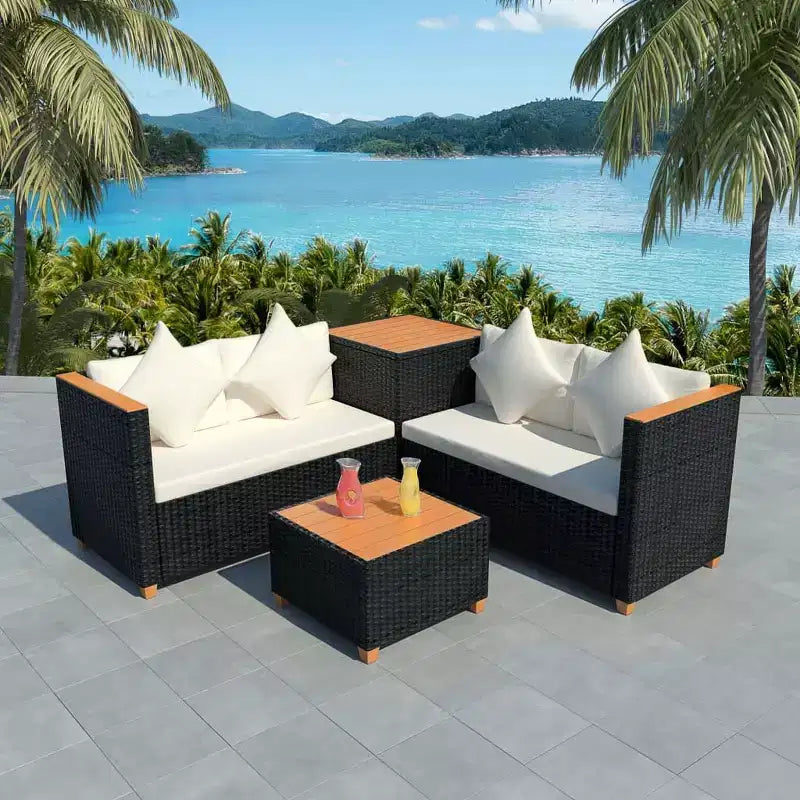 vidaXL Salon de jardin 4 pièces - Meubles de terrasse en résine tressée avec coussins et boîte de rangement, parfaits pour le jardin/la terrasse, noir et blanc crème
