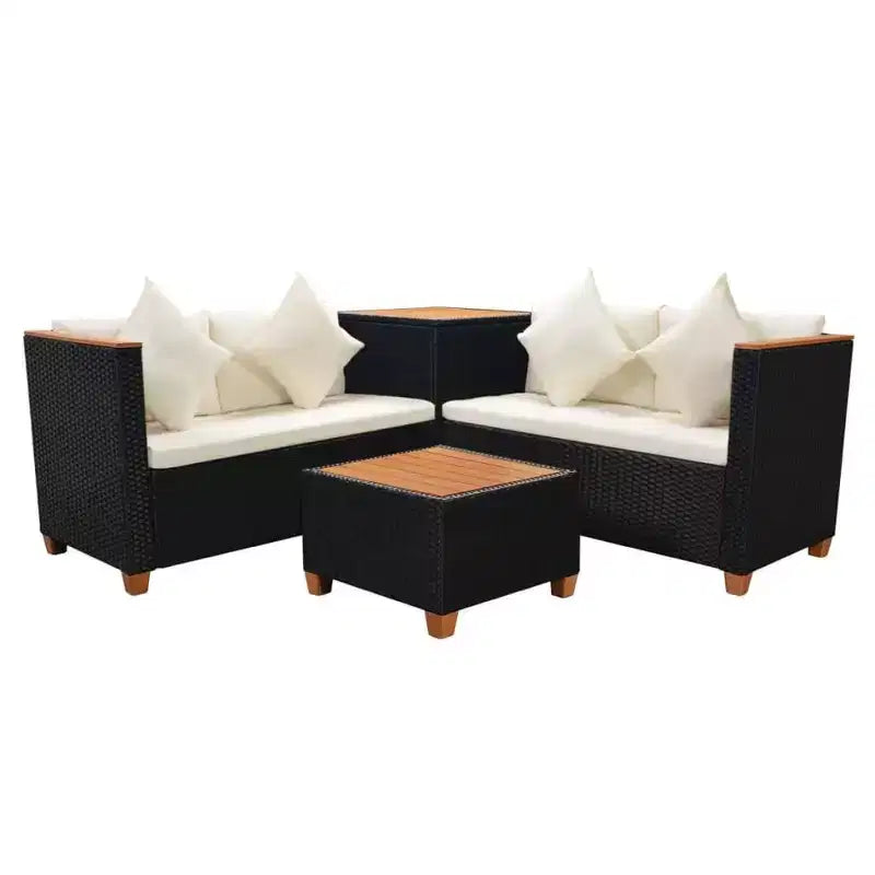 vidaXL Salon de jardin 4 pièces - Meubles de terrasse en résine tressée avec coussins et boîte de rangement, parfaits pour le jardin/la terrasse, noir et blanc crème