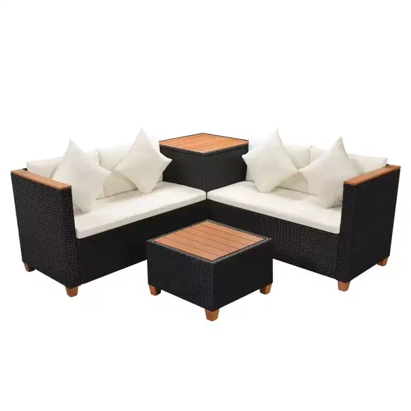vidaXL Salon de jardin 4 pièces - Meubles de terrasse en résine tressée avec coussins et boîte de rangement, parfaits pour le jardin/la terrasse, noir et blanc crème