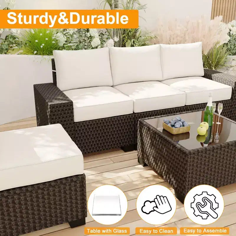 Acekool Ensemble de meubles de patio 6 pièces, canapé d'extérieur sectionnel en osier marron avec coussins, ensemble de conversation en rotin toutes saisons et table basse