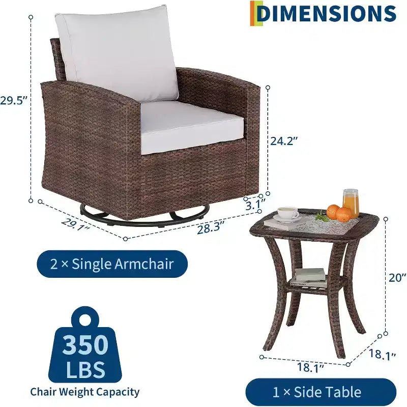Ensemble de 3 fauteuils pivotants et basculants Acekool en osier pour terrasse, avec table d'appoint en rotin et coussins moelleux, fauteuils à bascule pivotants d'extérieur pour terrasse, véranda, piscine