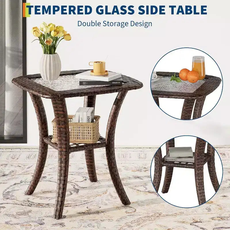 Ensemble de 3 fauteuils pivotants et basculants Acekool en osier pour terrasse, avec table d'appoint en rotin et coussins moelleux, fauteuils à bascule pivotants d'extérieur pour terrasse, véranda, piscine