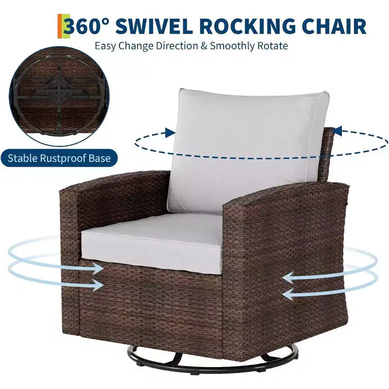Ensemble de 3 fauteuils pivotants et basculants Acekool en osier pour terrasse, avec table d'appoint en rotin et coussins moelleux, fauteuils à bascule pivotants d'extérieur pour terrasse, véranda, piscine