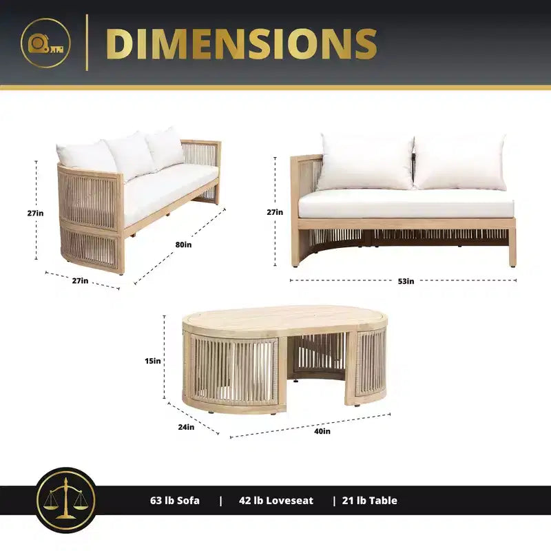 Kinger Home Nancy Ensemble de meubles de terrasse 3 pièces en bois d'acacia, ensemble de sectionnels de patio extérieur avec table basse