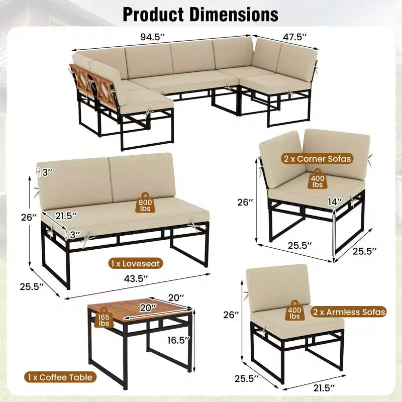 Costway Ensemble de canapés modulaires d'extérieur 6 pièces en métal avec sièges à cordes élastiques