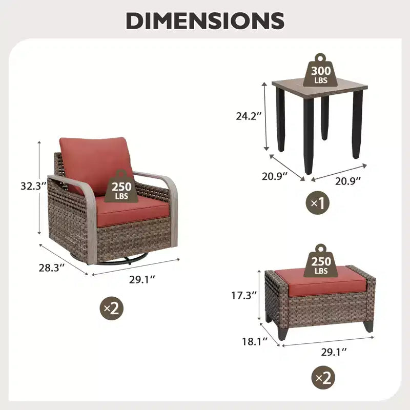 EAGLE PEAK Table et chaises de bistrot en osier, meubles de patio extérieur, fauteuils à bascule pivotants avec poufs et table, ensemble de 5 pièces