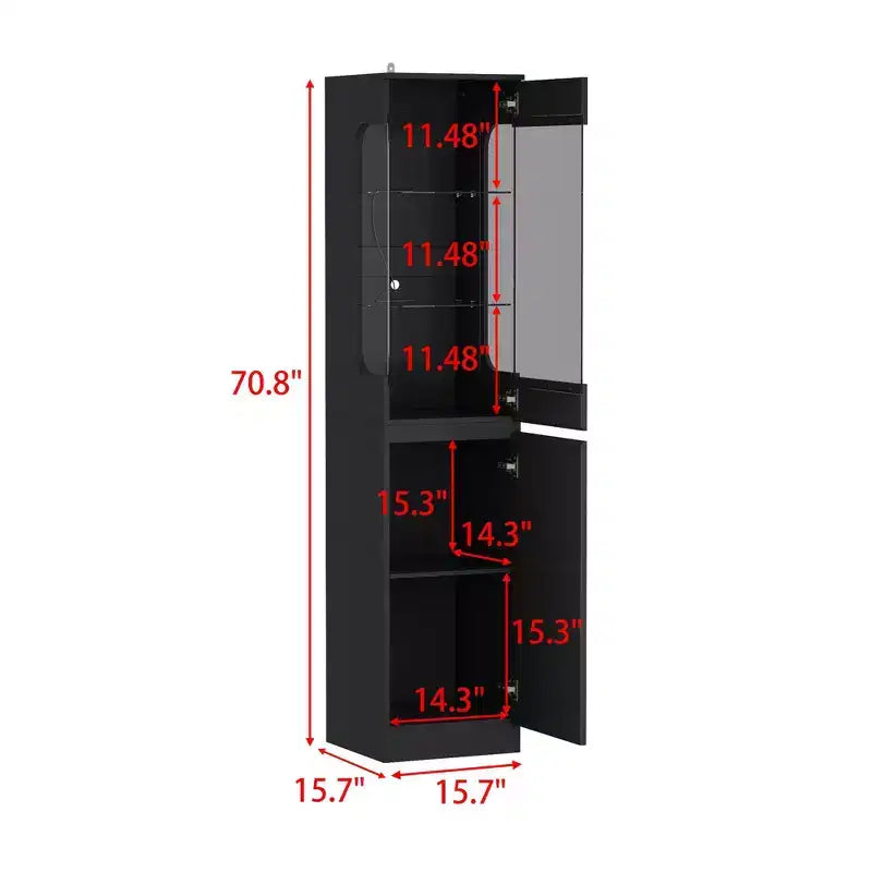 Famapy Black Tall Display Cabinet Accent Cabinet with LED Lights - Modern Storage for Glassware & Decor