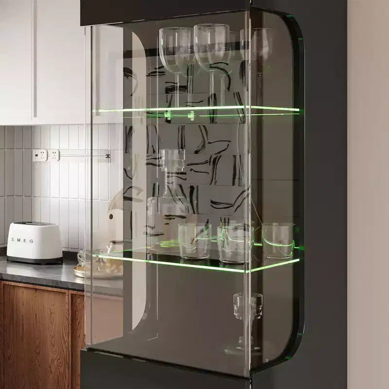 Famapy Black Tall Display Cabinet Accent Cabinet with LED Lights - Modern Storage for Glassware & Decor