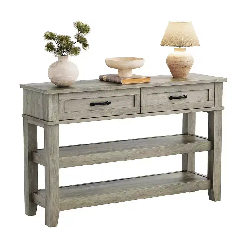 Farmhouse Entryway Table, Console Table with 2 Storage Drawers, 3 Tier Farmhouse Wooden Sofa Table, Hallway Table for Entryway, Living Room-Grey