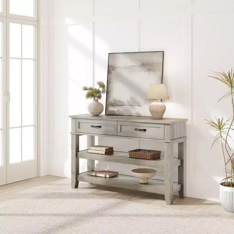 Farmhouse Entryway Table, Console Table with 2 Storage Drawers, 3 Tier Farmhouse Wooden Sofa Table, Hallway Table for Entryway, Living Room-Grey