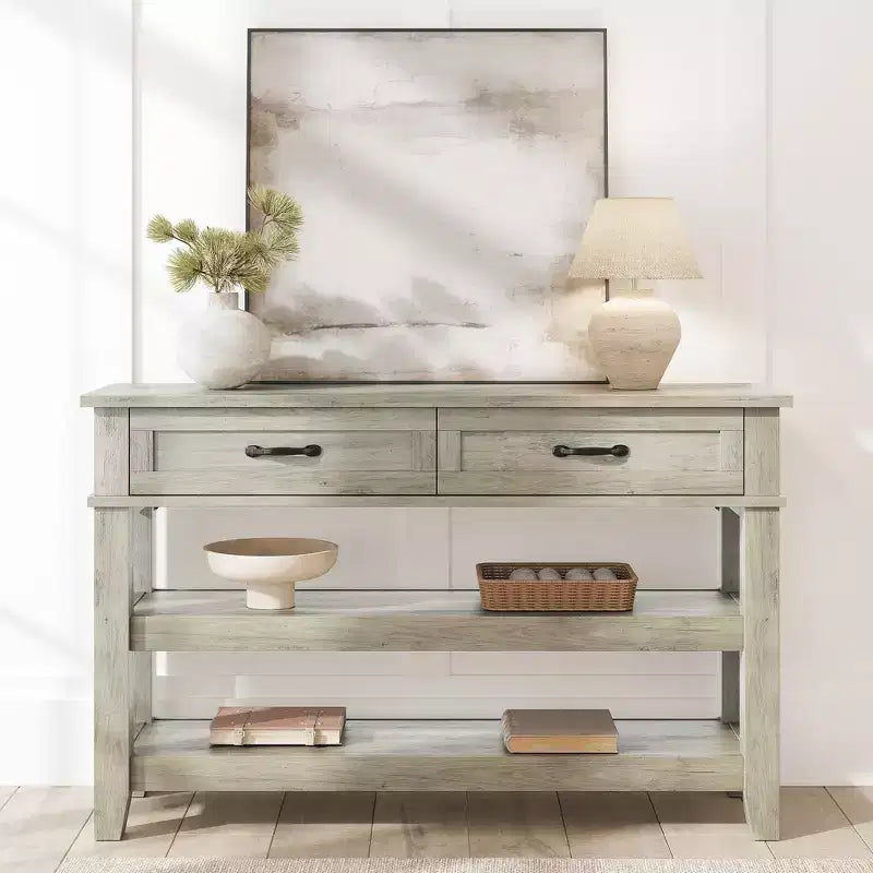 Farmhouse Entryway Table, Console Table with 2 Storage Drawers, 3 Tier Farmhouse Wooden Sofa Table, Hallway Table for Entryway, Living Room-Grey