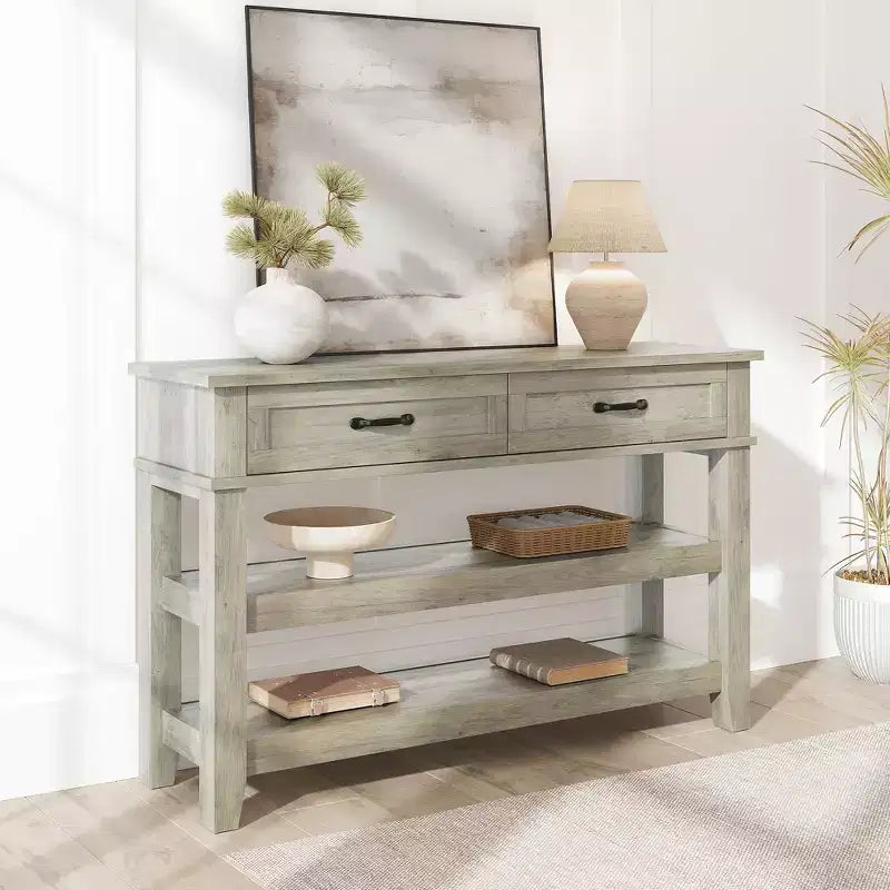 Farmhouse Entryway Table, Console Table with 2 Storage Drawers, 3 Tier Farmhouse Wooden Sofa Table, Hallway Table for Entryway, Living Room-Grey