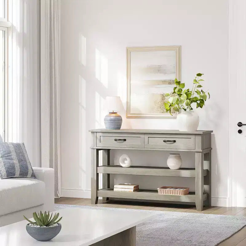 Farmhouse Entryway Table, Console Table with 2 Storage Drawers, 3 Tier Farmhouse Wooden Sofa Table, Hallway Table for Entryway, Living Room-Grey