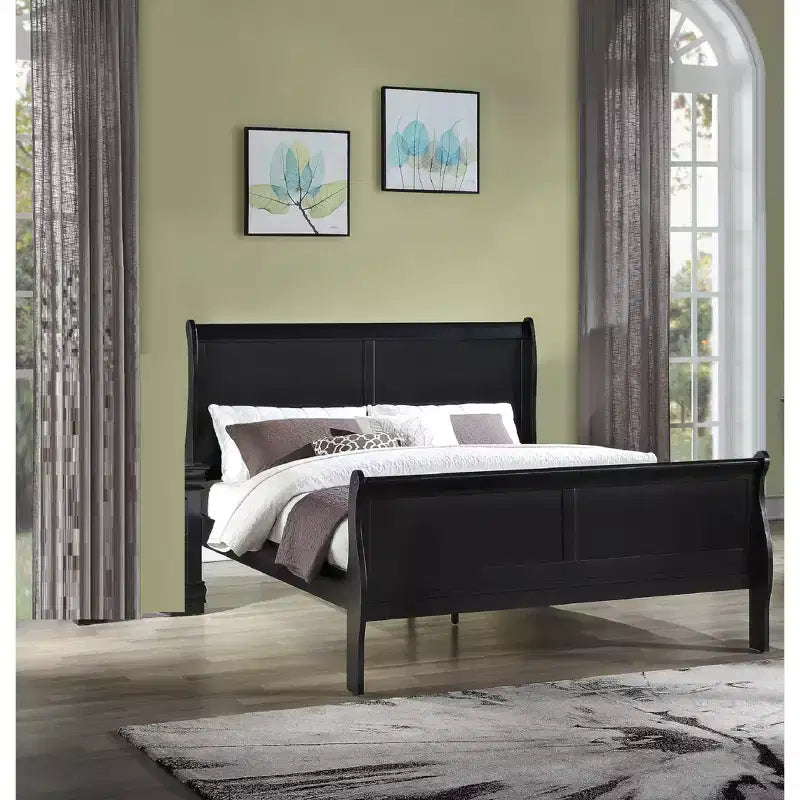 Okak 56 Full Sleigh Bed Solid Wood Youth Bed Frame with Headboard/Footboard, Low Profile Safe Design for Kids Room, Black