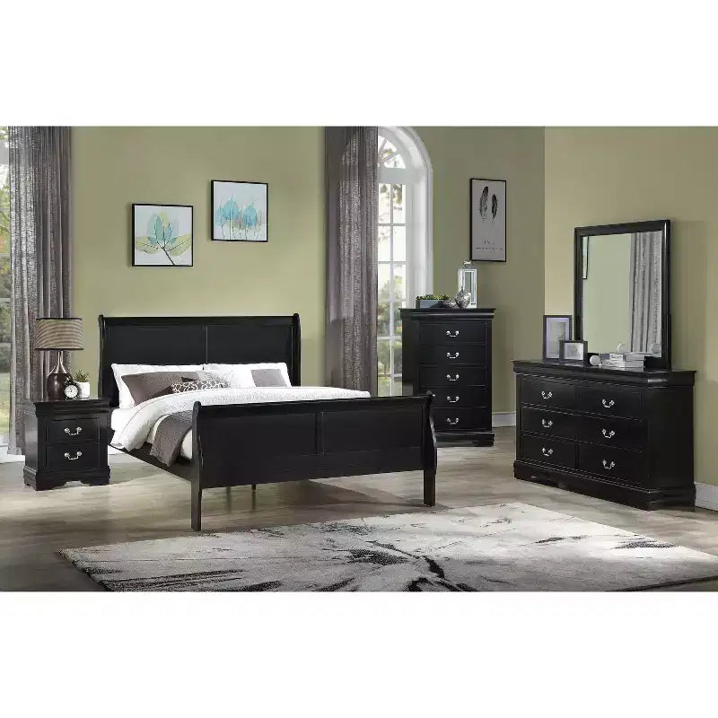 Okak 56 Full Sleigh Bed Solid Wood Youth Bed Frame with Headboard/Footboard, Low Profile Safe Design for Kids Room, Black