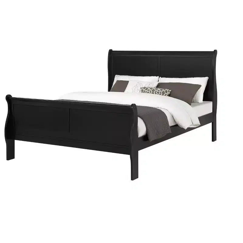 Okak 56 Full Sleigh Bed Solid Wood Youth Bed Frame with Headboard/Footboard, Low Profile Safe Design for Kids Room, Black