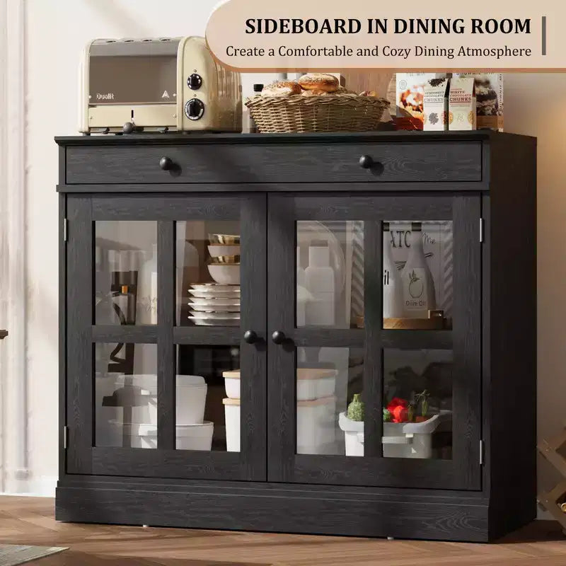 35.4 Sideboard Buffet Cabinet with Glass Door, Storage Cabinet with Drawer, Buffet & Sideboard for Dining Room, Kitchen, Living Room