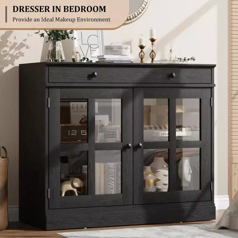 35.4 Sideboard Buffet Cabinet with Glass Door, Storage Cabinet with Drawer, Buffet & Sideboard for Dining Room, Kitchen, Living Room