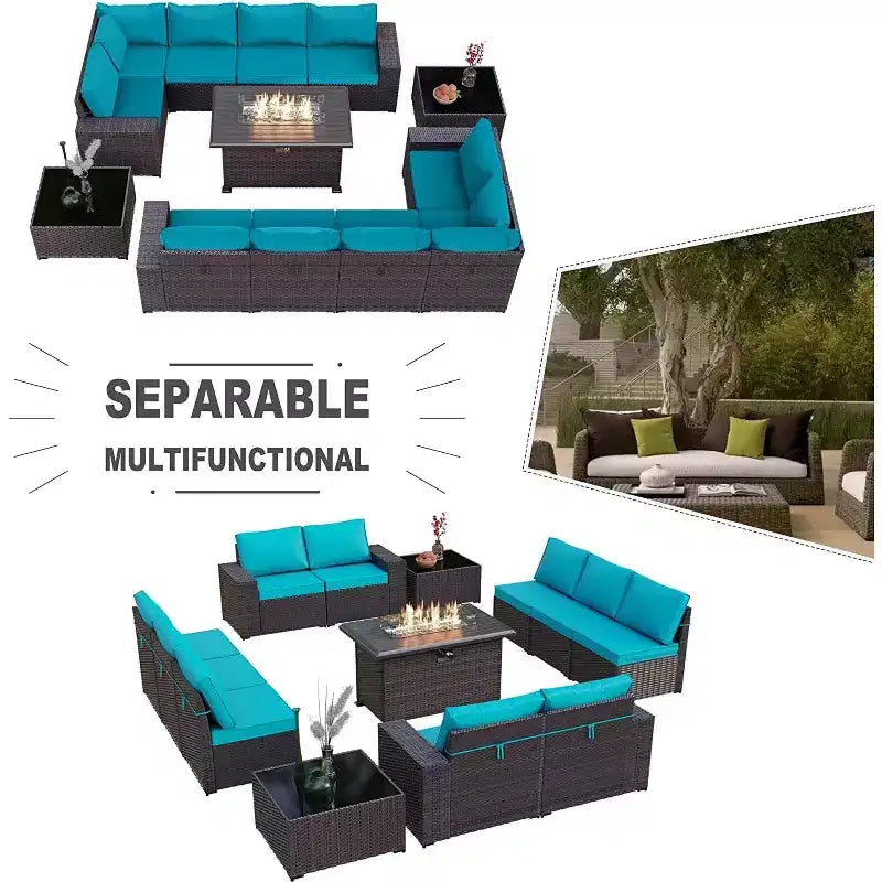 ALAULM Ensembles de meubles de patio en rotin 13 pièces avec table brasero, ensembles en osier d'extérieur