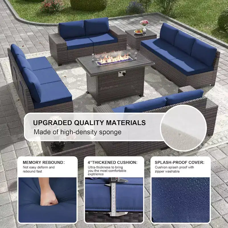 ALAULM Ensembles de meubles de patio en rotin 13 pièces avec table brasero, ensembles en osier d'extérieur