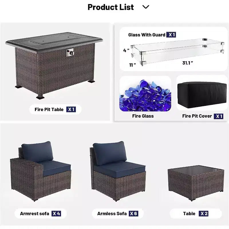 ALAULM Ensembles de meubles de patio en rotin 13 pièces avec table brasero, ensembles en osier d'extérieur