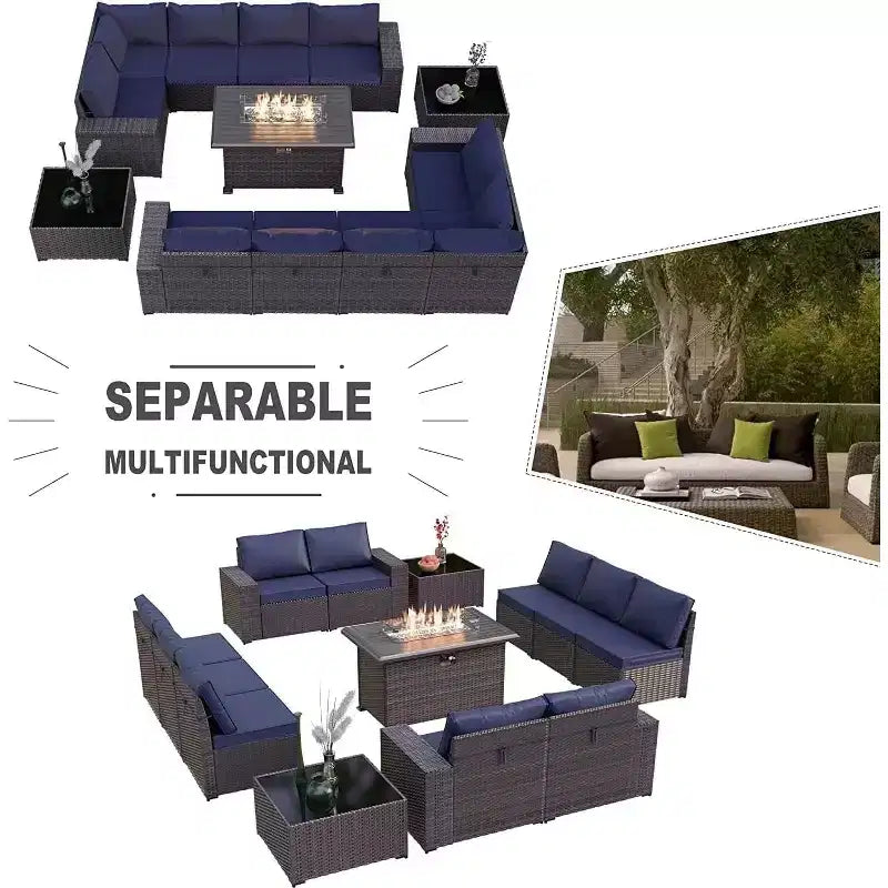 ALAULM Ensembles de meubles de patio en rotin 13 pièces avec table brasero, ensembles en osier d'extérieur