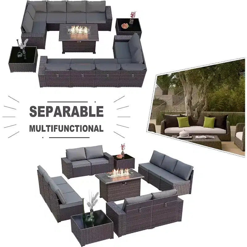 ALAULM Ensembles de meubles de patio en rotin 13 pièces avec table brasero, ensembles en osier d'extérieur