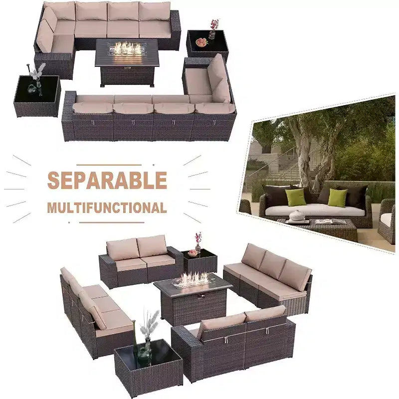 ALAULM Ensembles de meubles de patio en rotin 13 pièces avec table brasero, ensembles en osier d'extérieur