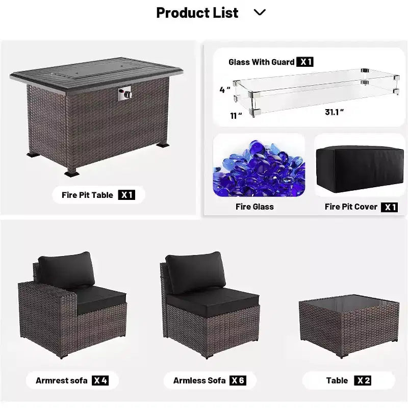 ALAULM Ensembles de meubles de patio en rotin 13 pièces avec table brasero, ensembles en osier d'extérieur