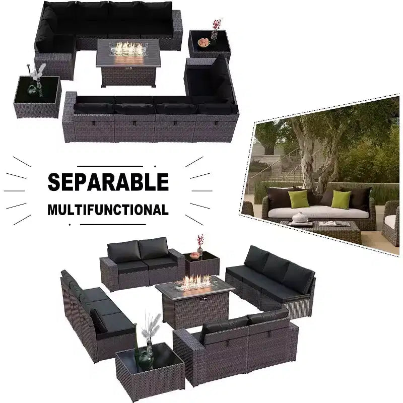 ALAULM Ensembles de meubles de patio en rotin 13 pièces avec table brasero, ensembles en osier d'extérieur