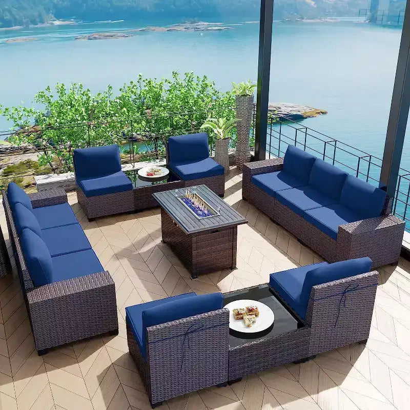ALAULM Ensembles de meubles de patio en rotin 13 pièces avec table brasero, ensembles en osier d'extérieur