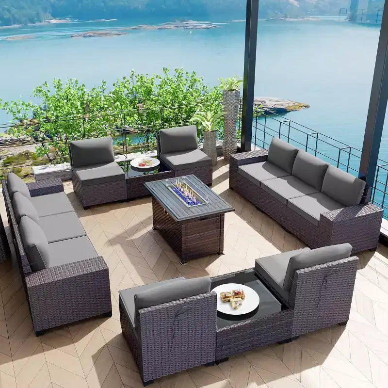 ALAULM Ensembles de meubles de patio en rotin 13 pièces avec table brasero, ensembles en osier d'extérieur