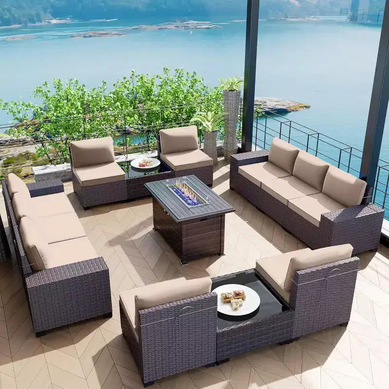 ALAULM Ensembles de meubles de patio en rotin 13 pièces avec table brasero, ensembles en osier d'extérieur