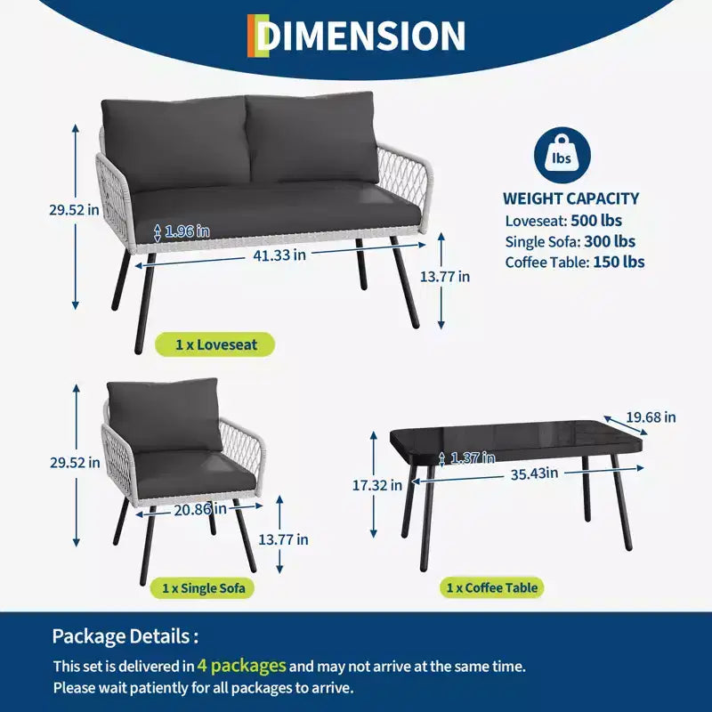 Ensemble de canapé en osier à cadre en fer 4 pièces - 2 fauteuils individuels, 1 canapé double, 1 table basse, motif tressé en diamant, mobilier de jardin moderne