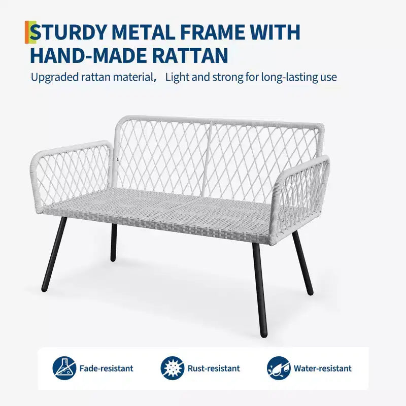 Ensemble de canapé en osier à cadre en fer 4 pièces - 2 fauteuils individuels, 1 canapé double, 1 table basse, motif tressé en diamant, mobilier de jardin moderne