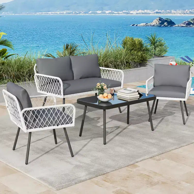Ensemble de canapé en osier à cadre en fer 4 pièces - 2 fauteuils individuels, 1 canapé double, 1 table basse, motif tressé en diamant, mobilier de jardin moderne