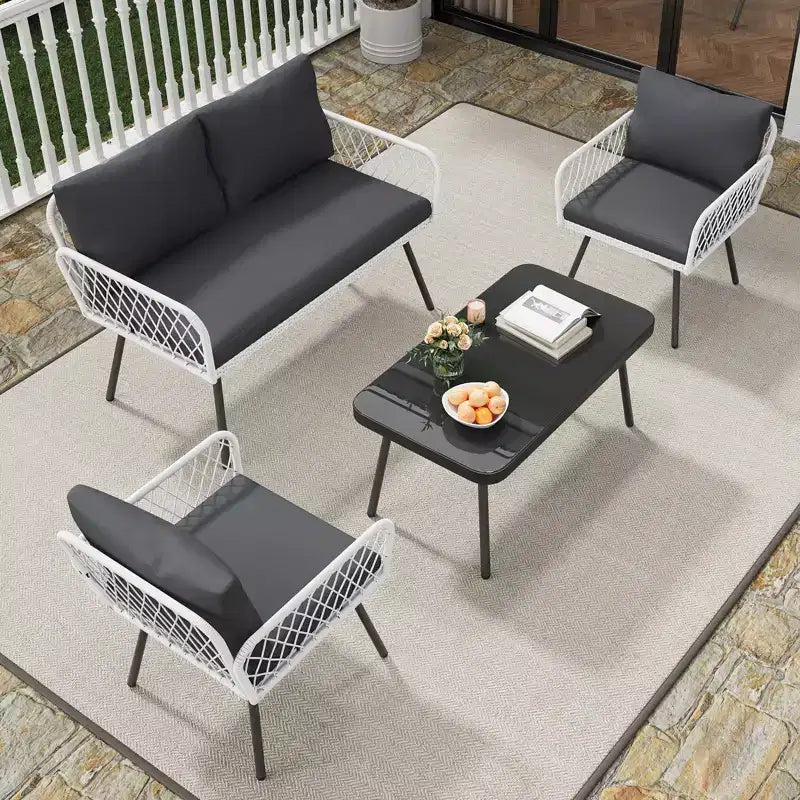 Ensemble de canapé en osier à cadre en fer 4 pièces - 2 fauteuils individuels, 1 canapé double, 1 table basse, motif tressé en diamant, mobilier de jardin moderne