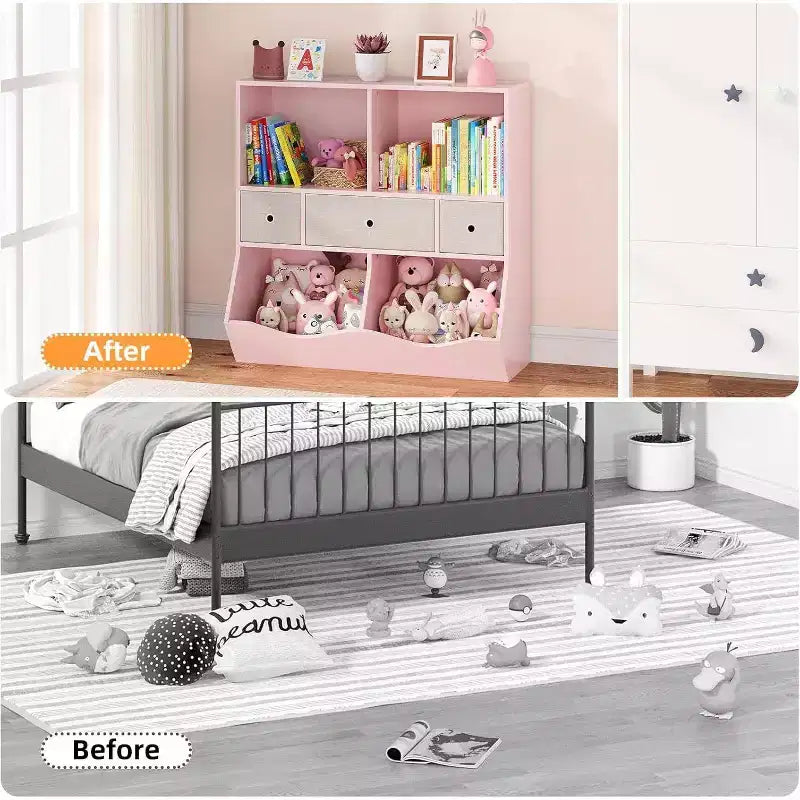 Acekool 7-Cubby Large Kids Toy Storage Organizer, 3-Tier Bookcase Cabinet with 3 Drawers and Tilted Bins for Playroom, Bedroom, Living Room, Gray