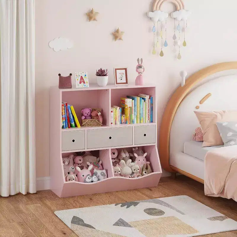 Acekool 7-Cubby Large Kids Toy Storage Organizer, 3-Tier Bookcase Cabinet with 3 Drawers and Tilted Bins for Playroom, Bedroom, Living Room, Gray