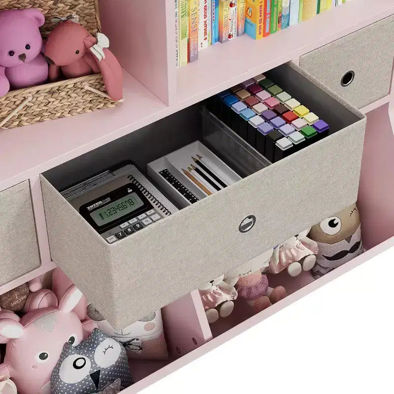 Acekool 7-Cubby Large Kids Toy Storage Organizer, 3-Tier Bookcase Cabinet with 3 Drawers and Tilted Bins for Playroom, Bedroom, Living Room, Gray