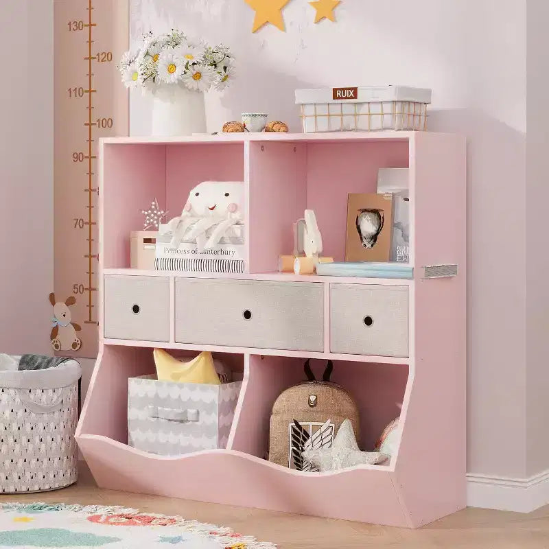 Acekool 7-Cubby Large Kids Toy Storage Organizer, 3-Tier Bookcase Cabinet with 3 Drawers and Tilted Bins for Playroom, Bedroom, Living Room, Gray