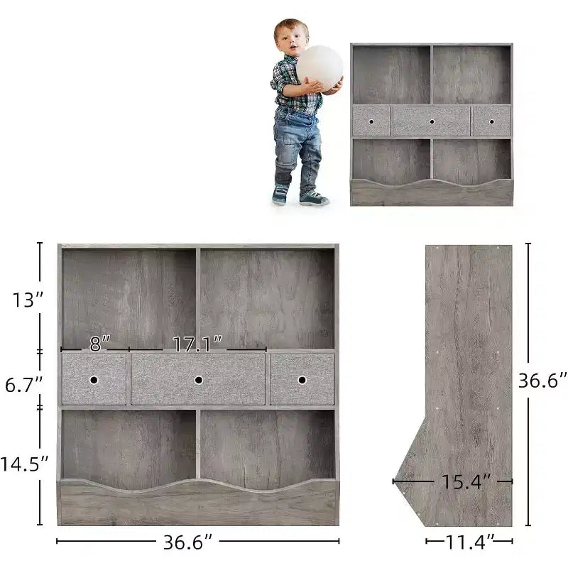 Acekool 7-Cubby Large Kids Toy Storage Organizer, 3-Tier Bookcase Cabinet with 3 Drawers and Tilted Bins for Playroom, Bedroom, Living Room, Gray