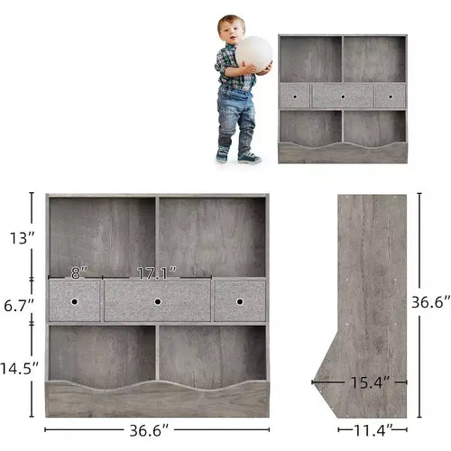 Organisateur de jouets pour enfants, grand meuble de rangement à 7 compartiments, bibliothèque à 3 niveaux avec 3 tiroirs et bacs inclinés pour salle de jeux, chambre d'enfant, salon, gris