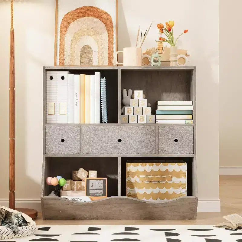 Acekool 7-Cubby Large Kids Toy Storage Organizer, 3-Tier Bookcase Cabinet with 3 Drawers and Tilted Bins for Playroom, Bedroom, Living Room, Gray